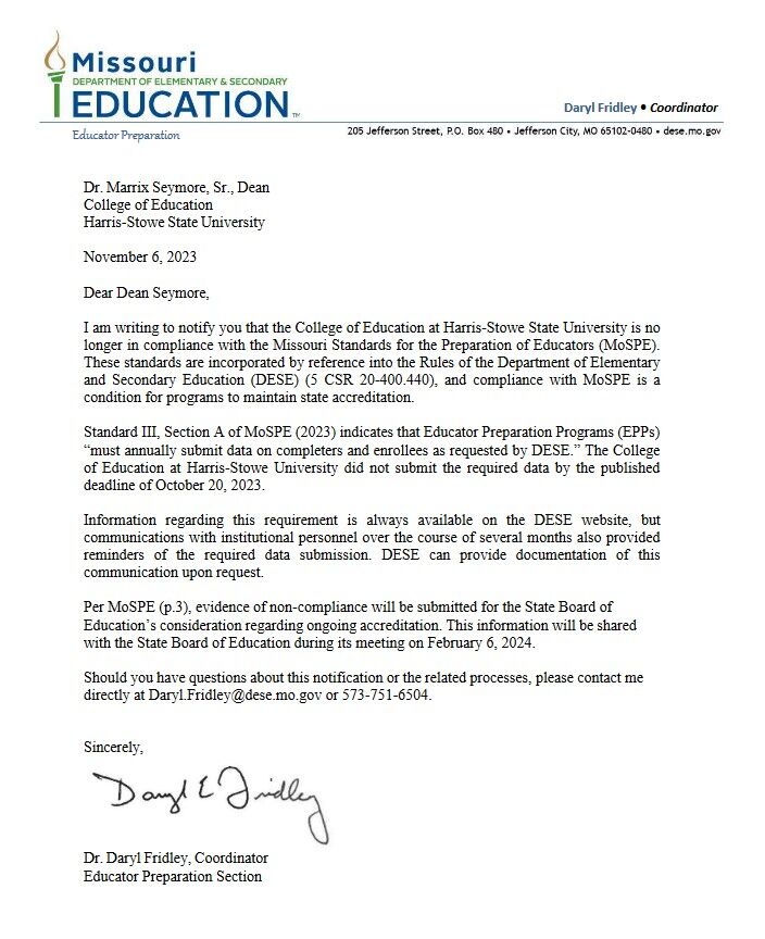 Harris-Stowe non-compliance letter